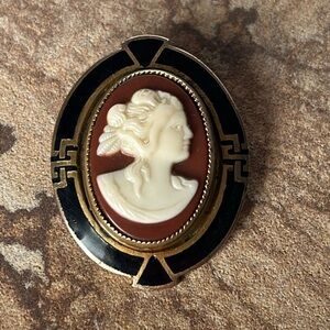 Antique 1920s Art Deco Carved Stone Cameo Brooch Black Gold Enamel Geometric Pin